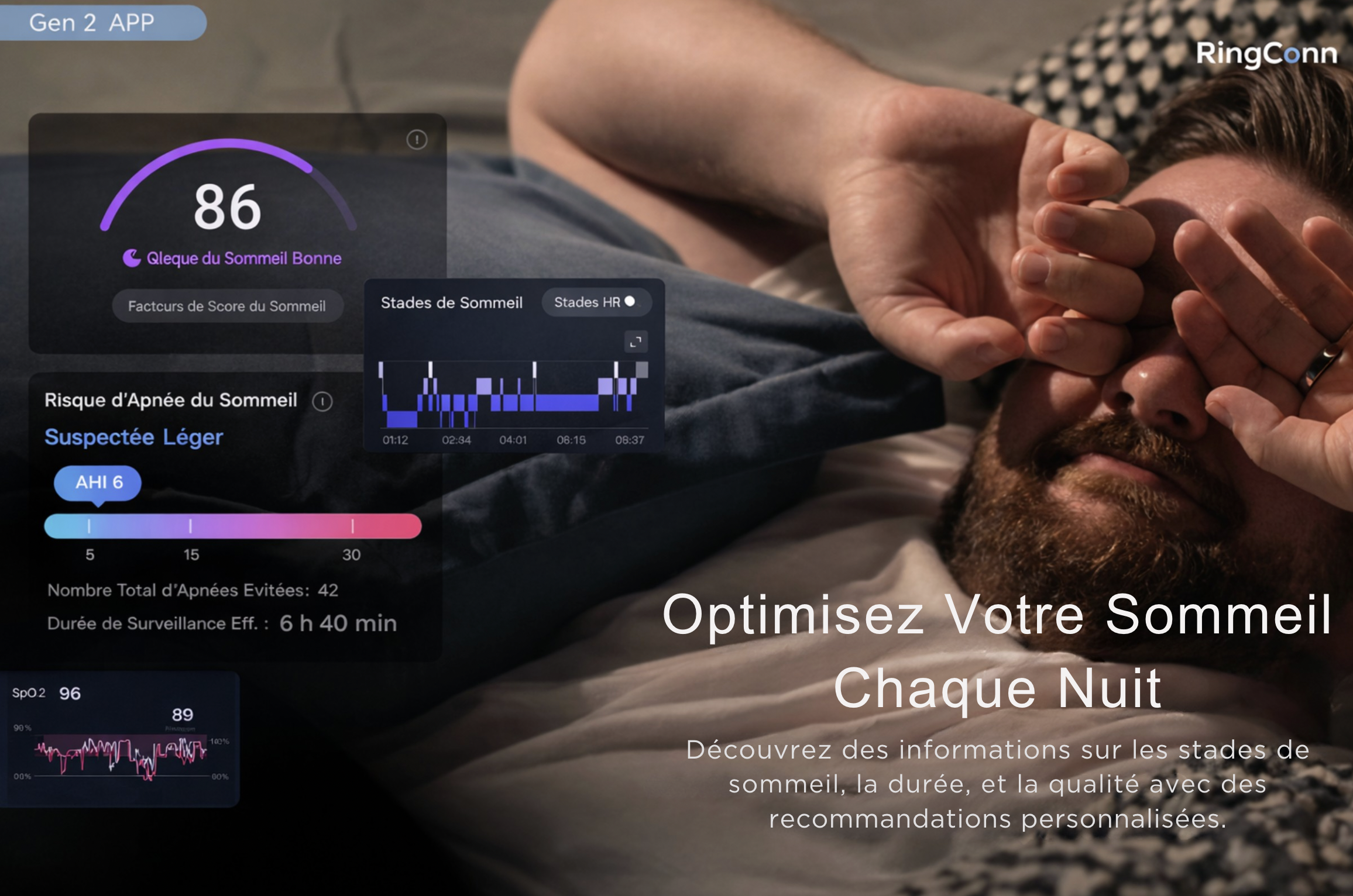 Interface de l'application RingConn Gen 2 — rapport apnée du sommeil