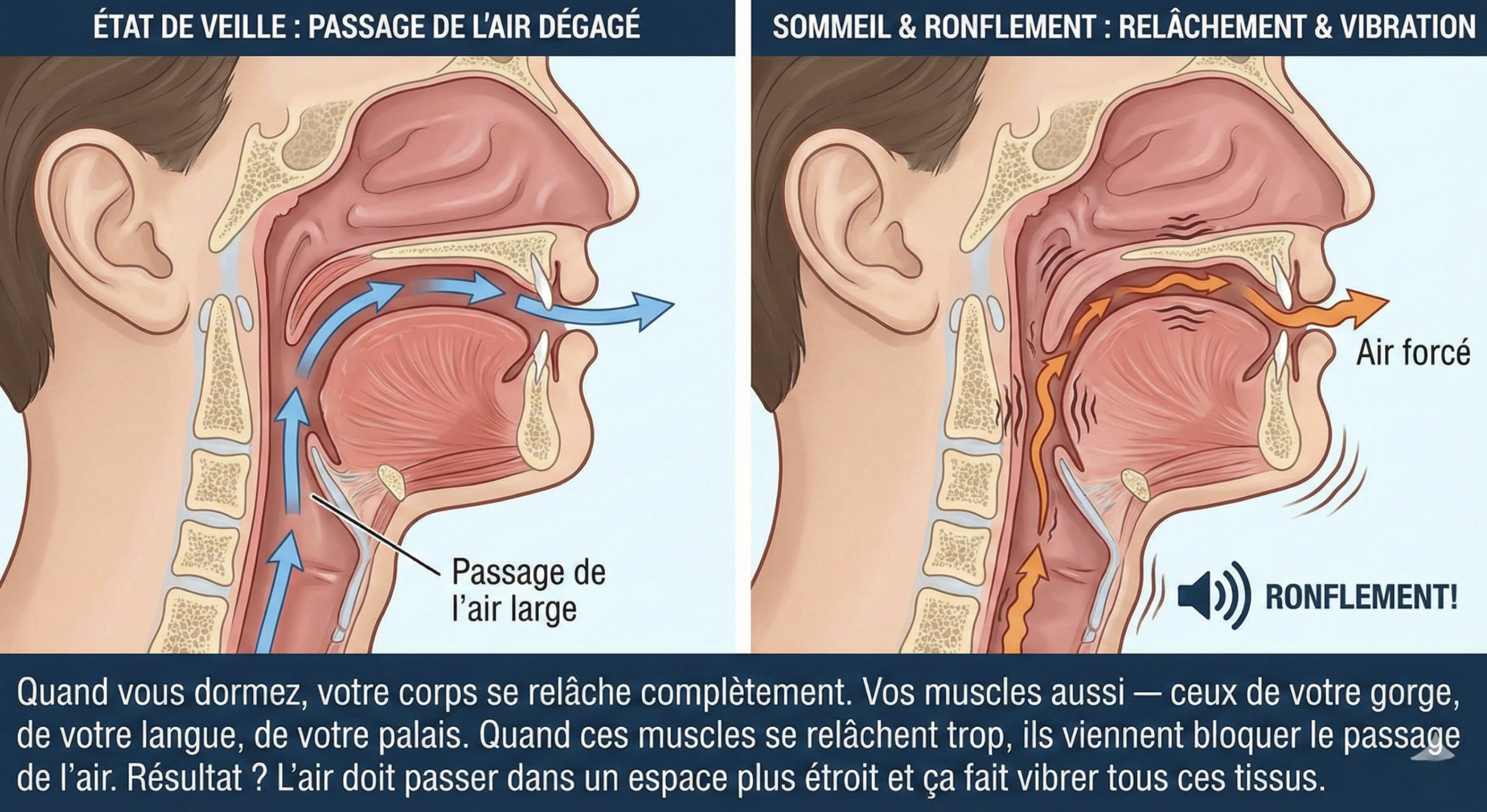 Schéma : passage de l'air dégagé vs bloqué causant le ronflement après 55 ans