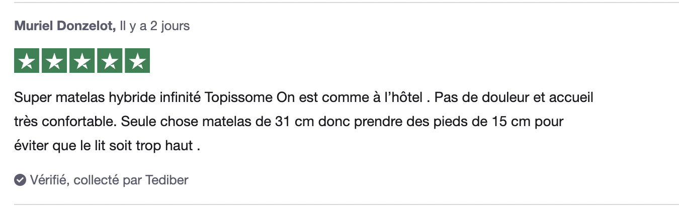 Avis Trustpilot Tediber - client satisfait nuits paisibles