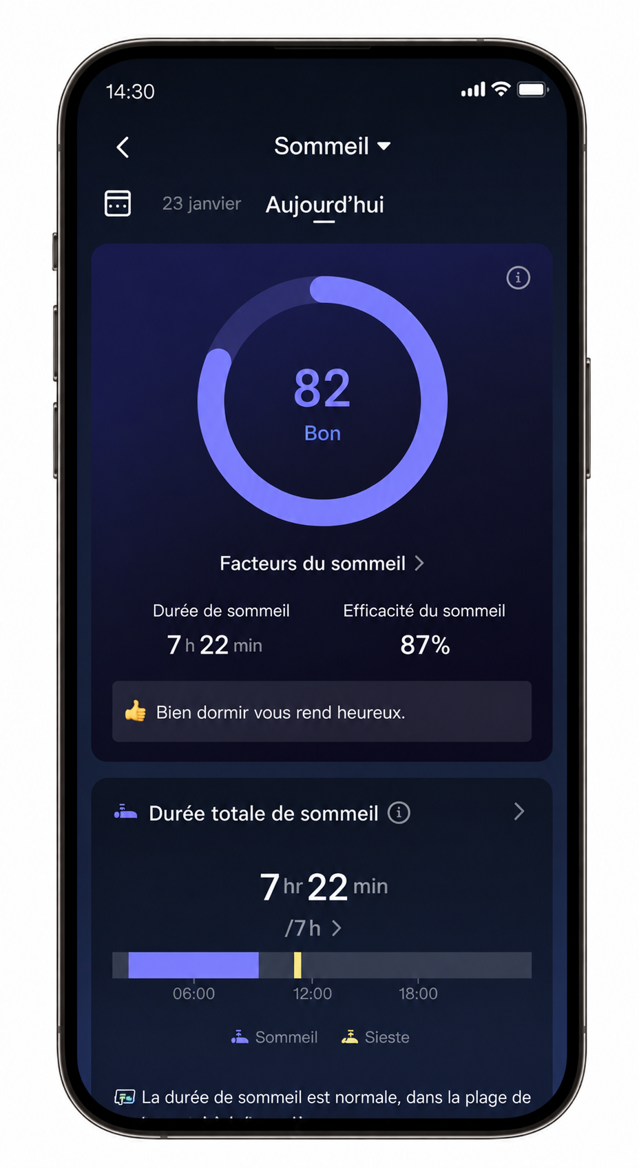 Application de suivi du sommeil sur smartphone — score et phases de nuit